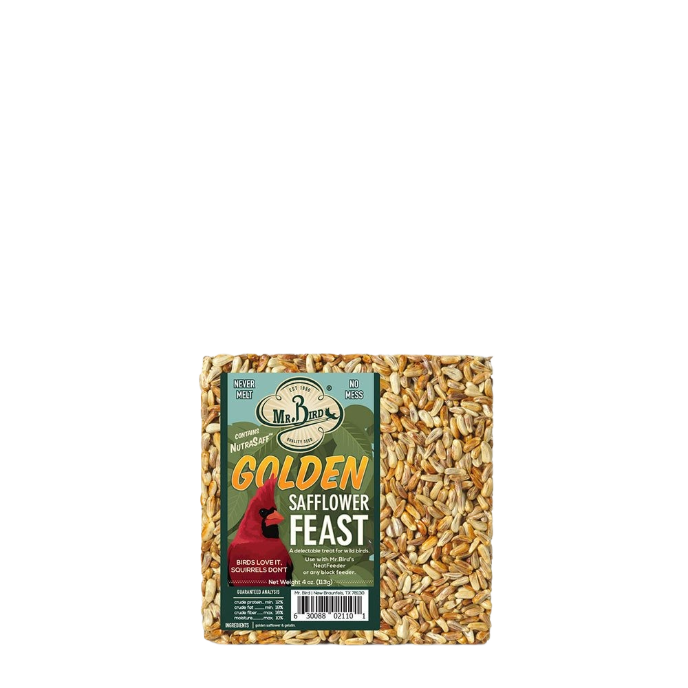 Compact block of mixed golden and small safflower seeds packed tightly for bird feeding and wildlife enjoyment