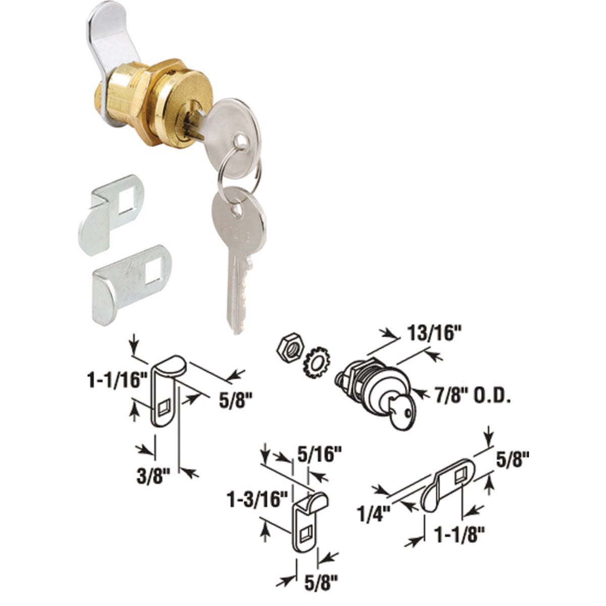 Brass mailbox lock with threaded barrel and keys alongside metal mounting clips and dimensional diagram for installation