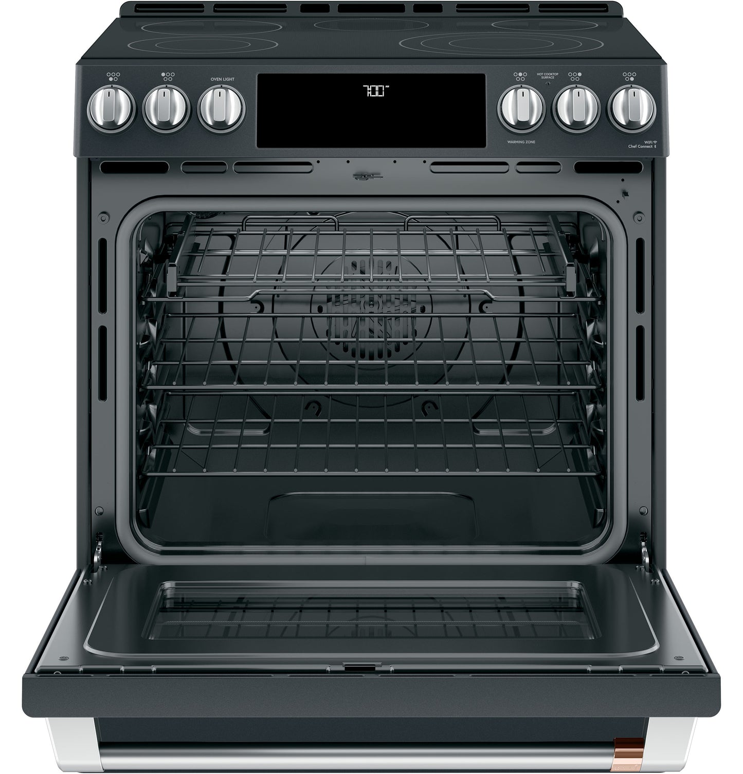 Black slide-in range with front control knobs, radiant cooktop, convection oven, and open door in kitchen appliances collection