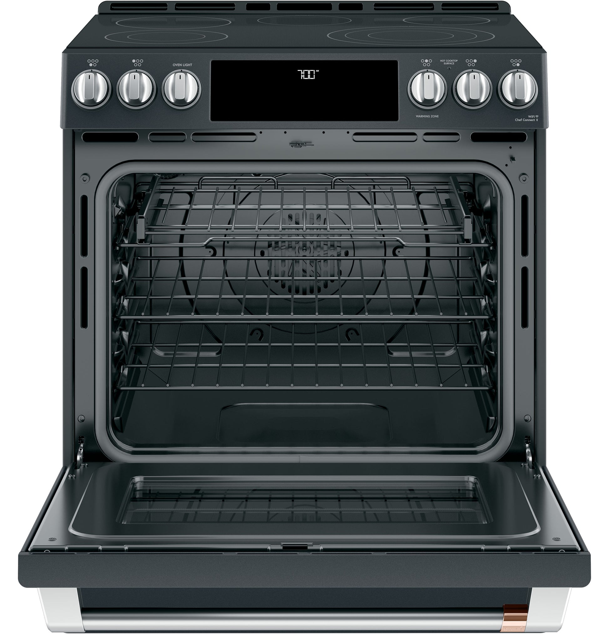 Black slide-in range with front control knobs, radiant cooktop, convection oven, and open door in kitchen appliances collection