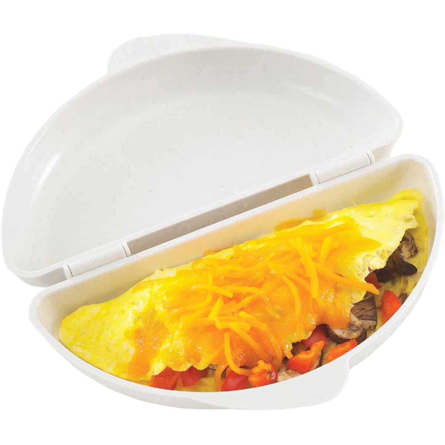 White hinged omelet maker with cooked omelet topped with melted cheddar cheese inside kitchenware collection