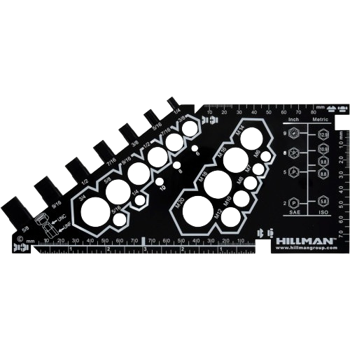 Black metal bolt, nut, and screw gauge measuring diameter and hex sizes with inch and metric rulers for hardware tools