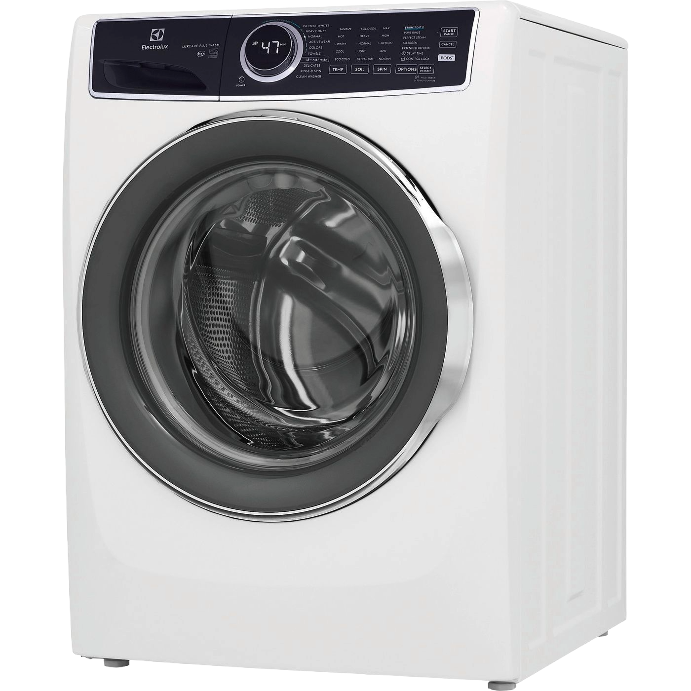 White front load washer with digital display and chrome-edged door, part of washers and dryers appliance collection