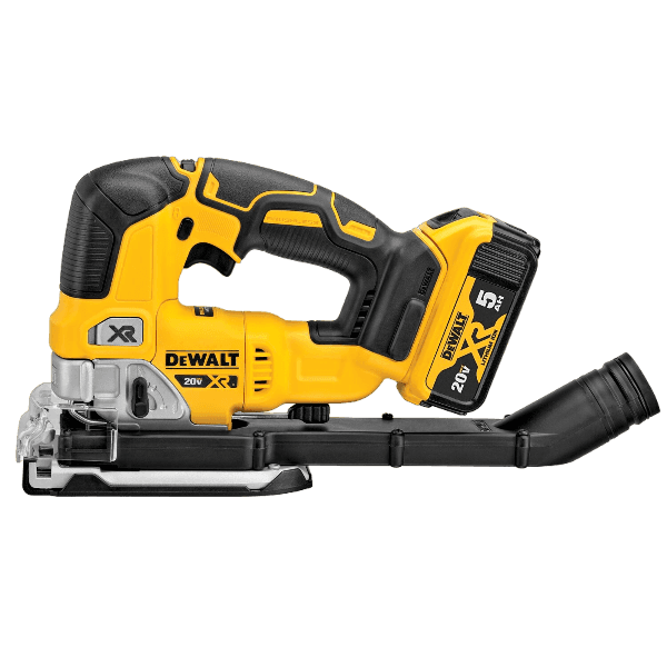Compact yellow and black cordless jigsaw with 20V rechargeable battery and dust extraction port for home improvement tasks