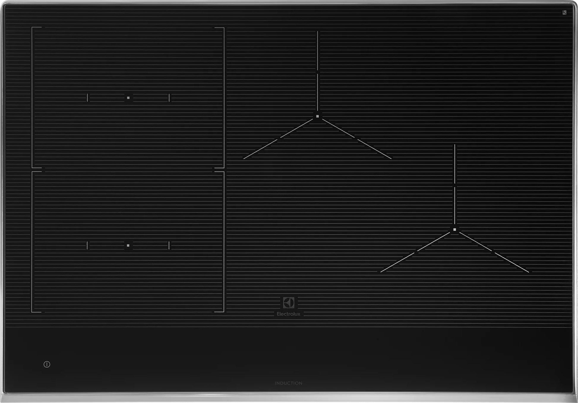 Black glass 30" induction cooktop with three cooking zones, touch controls, and subtle Electrolux branding trim