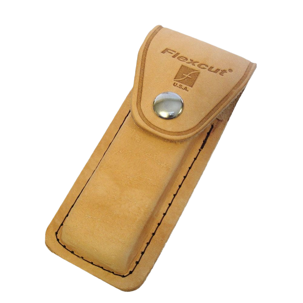 Light tan leather sheath with snap closure and embossed logo designed for tool protection and carrying convenience