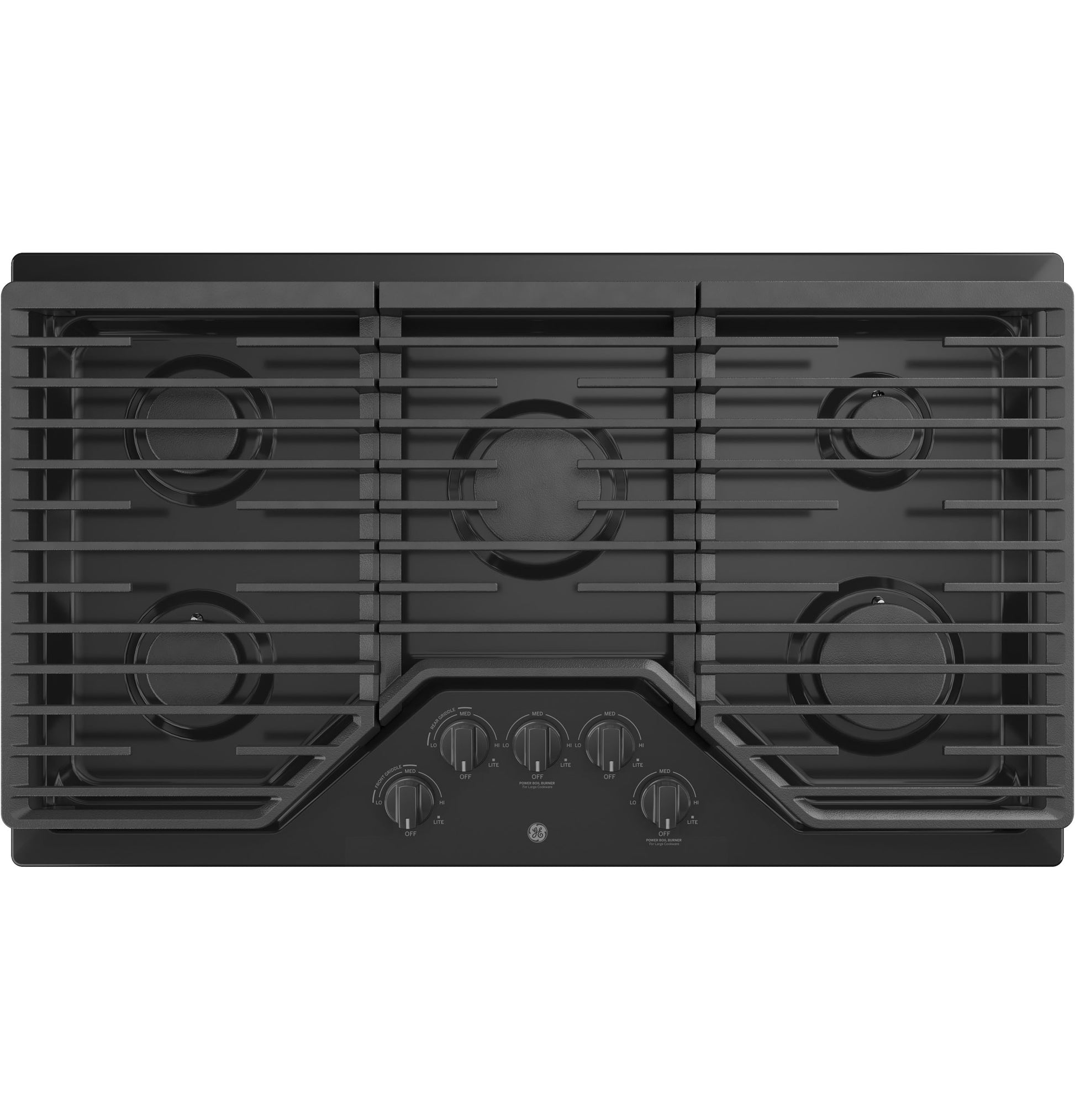 Top view of black built-in gas cooktop with five burners and dishwasher safe grates for kitchen and home improvement collection