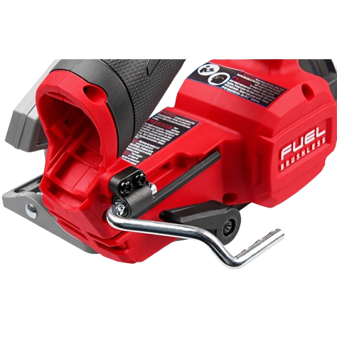 Close-up of red cordless circular saw handle with brushless motor and metal blade guard for tools and home improvement