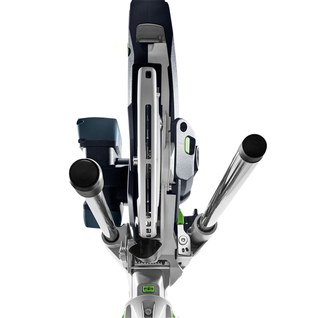 Top-down view of a cordless compound miter saw from Festool featuring a twin-column guide and ergonomic handles.