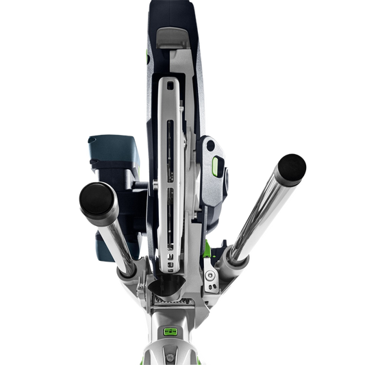 Top-down view of a cordless compound miter saw from Festool featuring a twin-column guide and ergonomic handles.