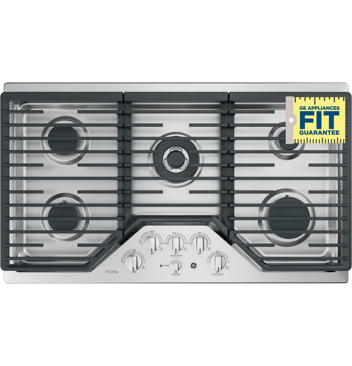 Stainless steel 5-burner gas cooktop with integrated griddle and black cast iron grates in kitchen appliance collection
