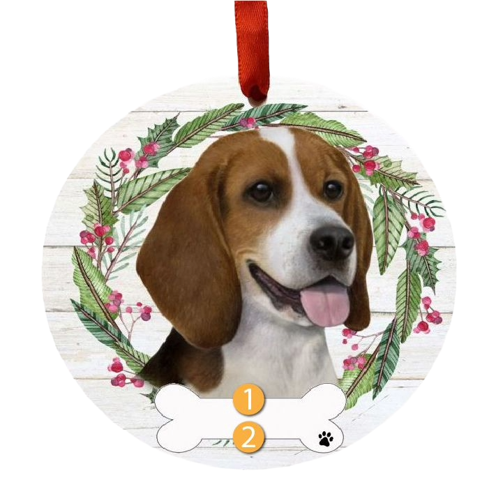 Round Christmas ornament with a Beagle face surrounded by a green and red holiday wreath and a bone-shaped nameplate