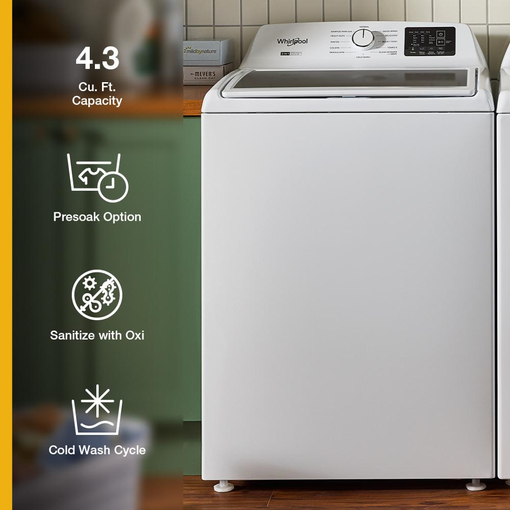 White top load washer with control dial and digital display, featuring presoak, sanitize, and cold wash cycle options