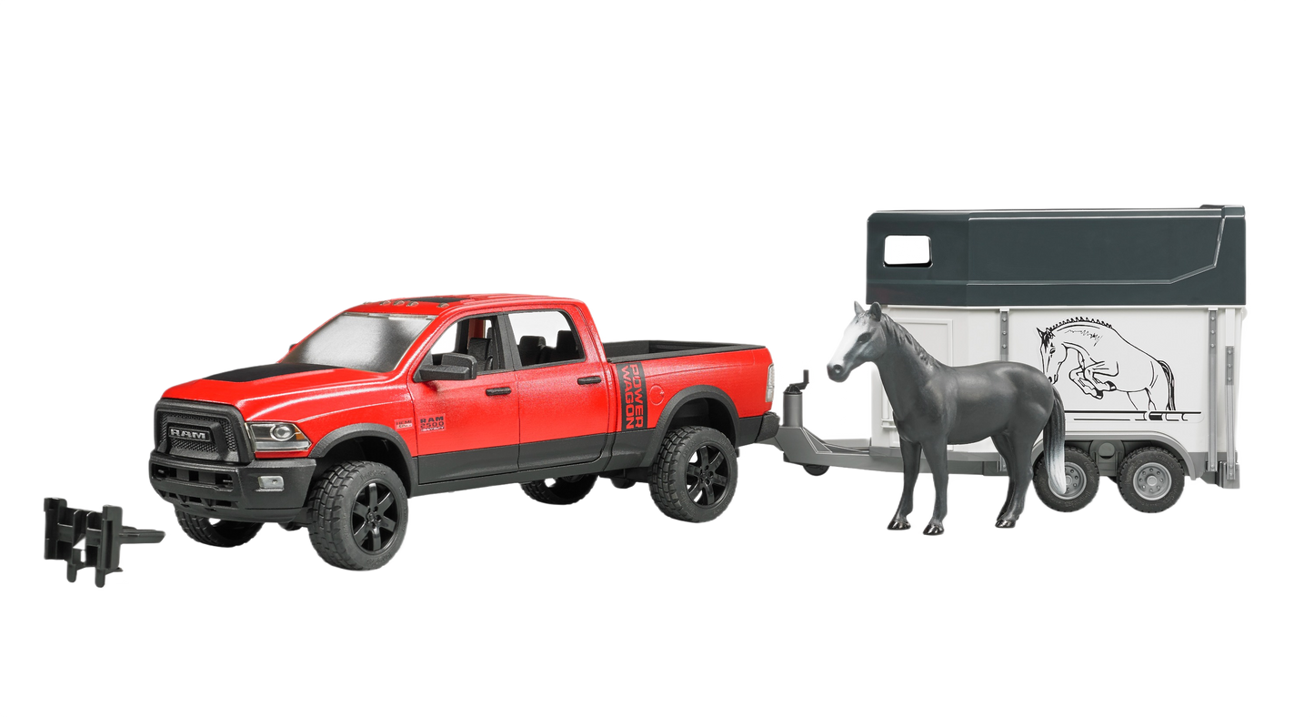 Red and gray toy pickup with detachable horse trailer and gray horse figure from Bruder Toys under $100 collection