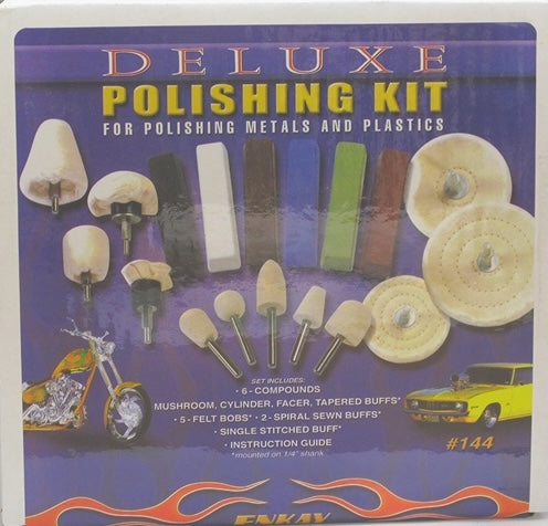 Enkay polishing kit with various buffing wheels and compounds for metal and plastic finishing in woodworking tools collection