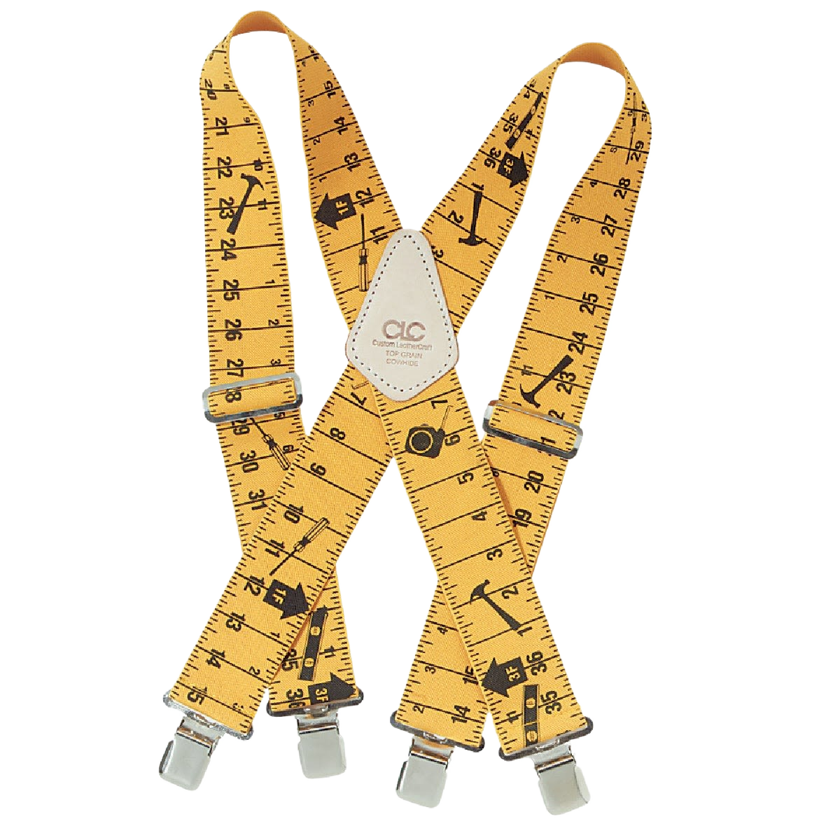 Yellow suspenders designed with ruler markings and tool icons for use in tools and home improvement projects