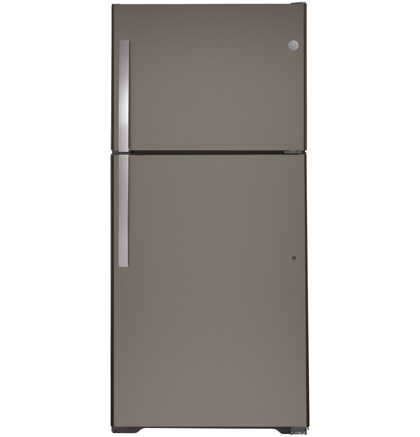 Garage-ready top freezer refrigerator in neutral finish with vertical handles from kitchen appliances collection