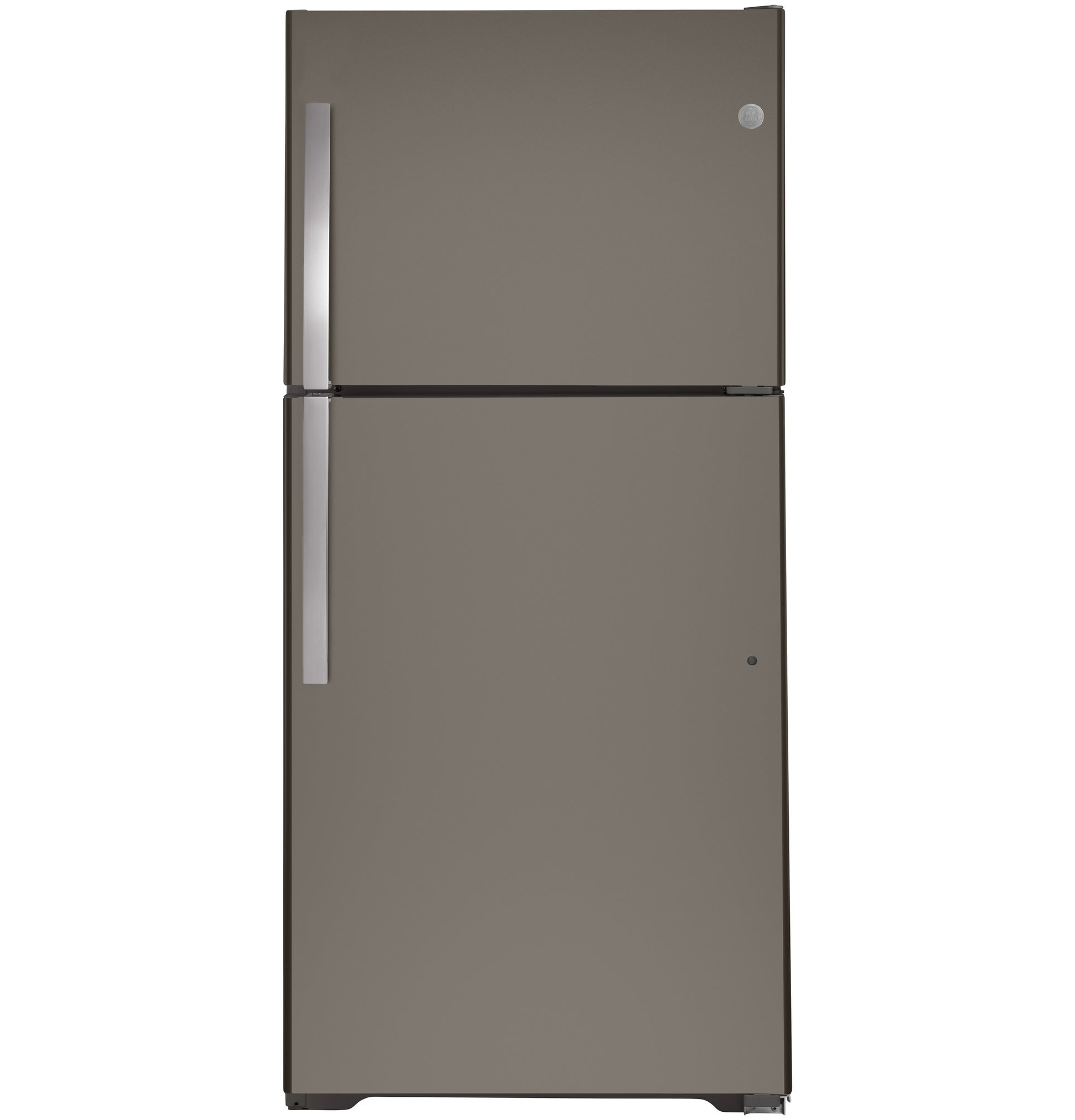 Garage-ready top freezer refrigerator in neutral finish with vertical handles from kitchen appliances collection