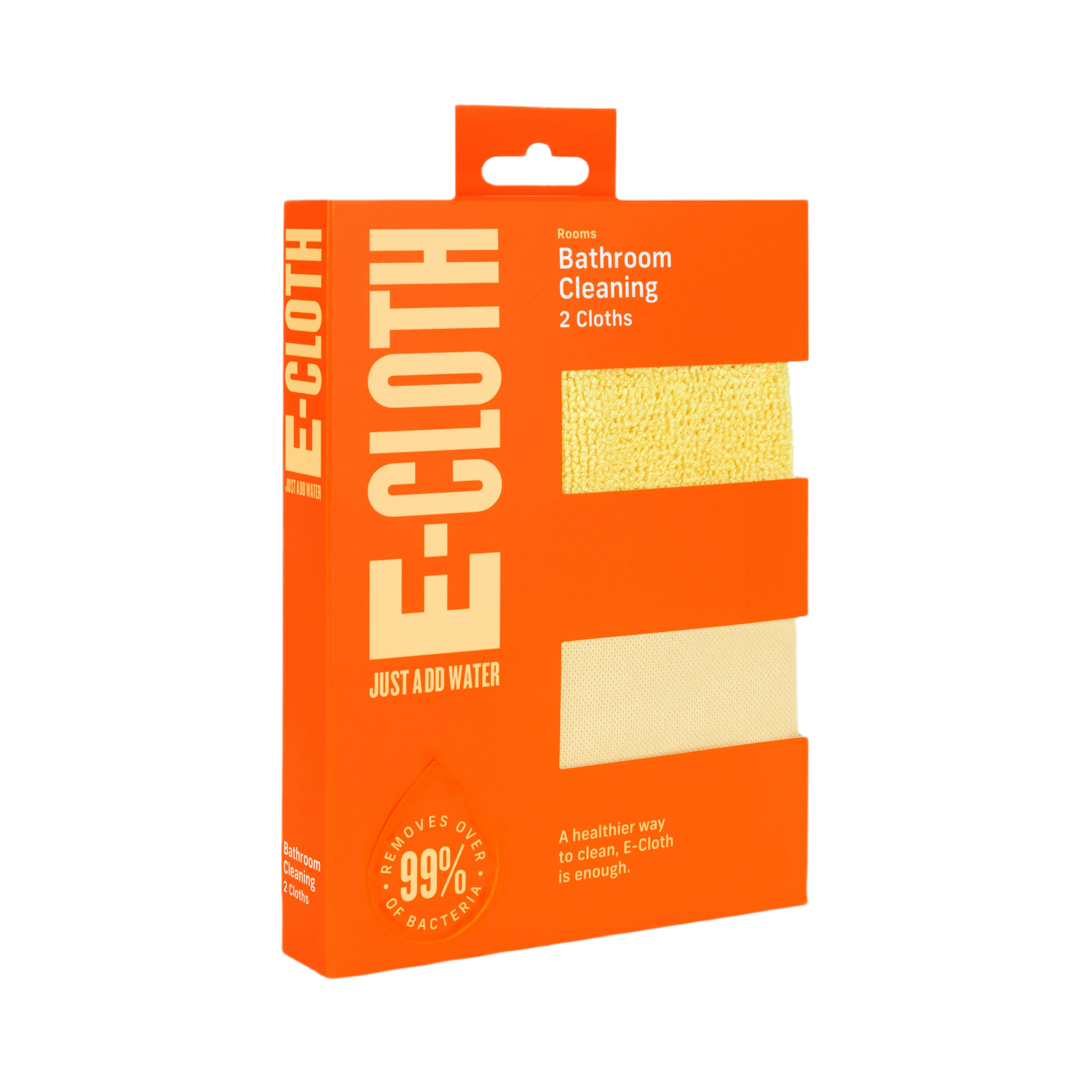 Orange packaging of E-Cloth Bathroom Cleaning Pack with two textured cleaning cloths visible through cutouts