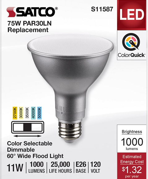 Silver LED PAR30LN flood light bulb with medium base, color-selectable, dimmable, energy-efficient for home improvement lighting