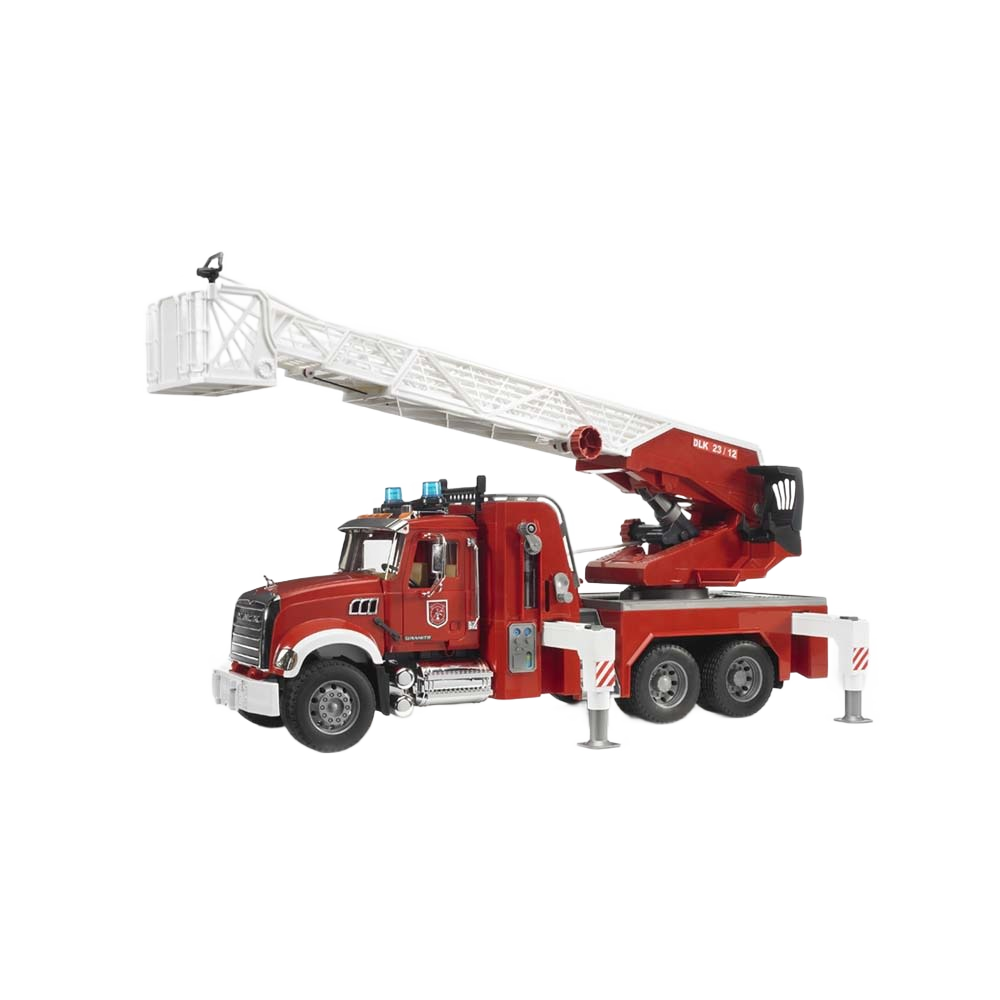 Red and white toy fire truck with extendable ladder and water pump for realistic fire rescue play