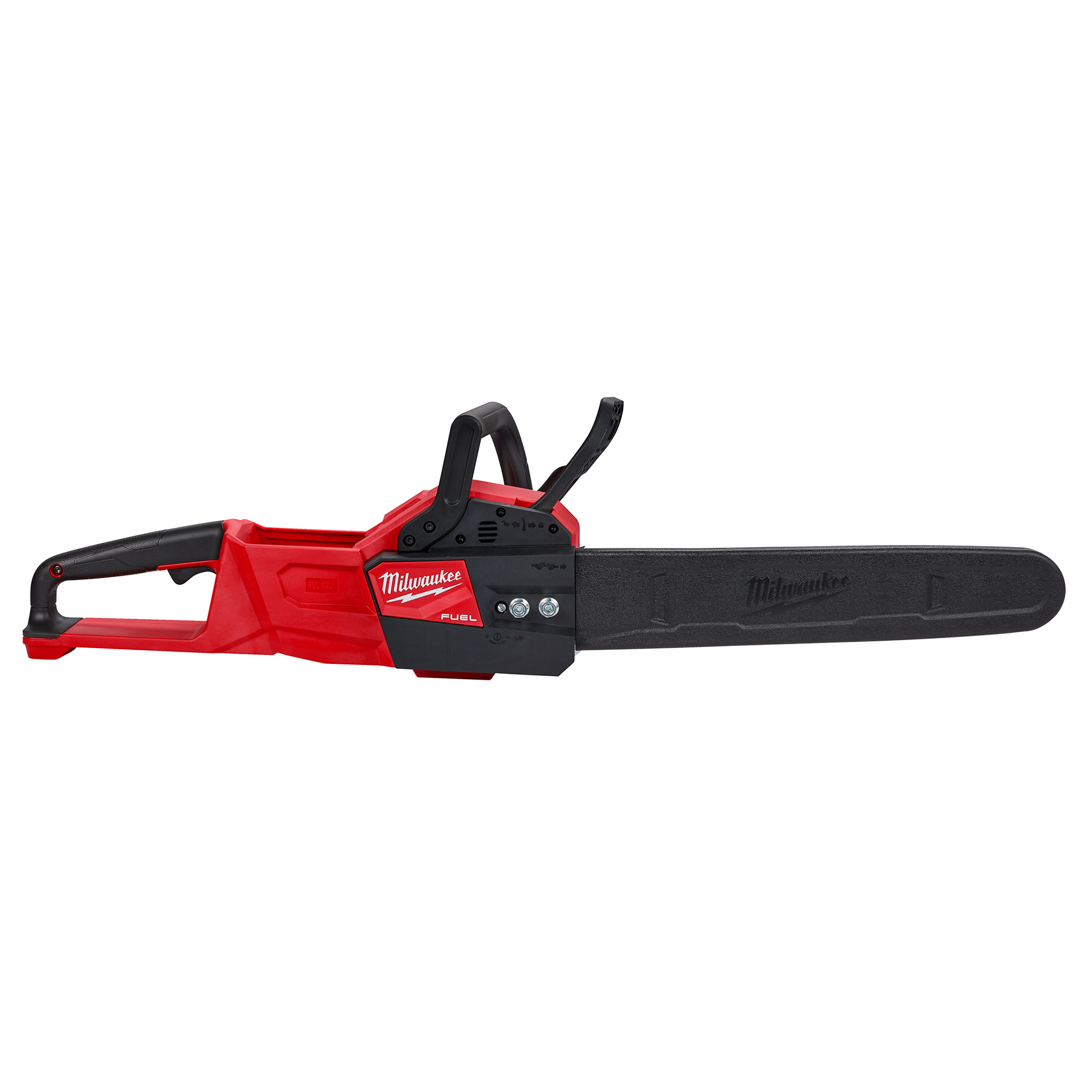 Red and black cordless 16-inch chainsaw with protective blade cover designed for tools and home improvement tasks