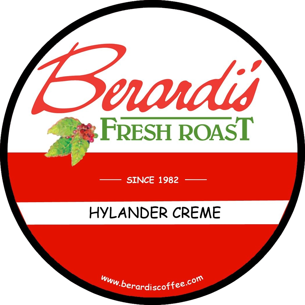 Circular coffee cup lid label with Berardi's Fresh Roast logo, Hylander Creme flavor, and website address on red and white background