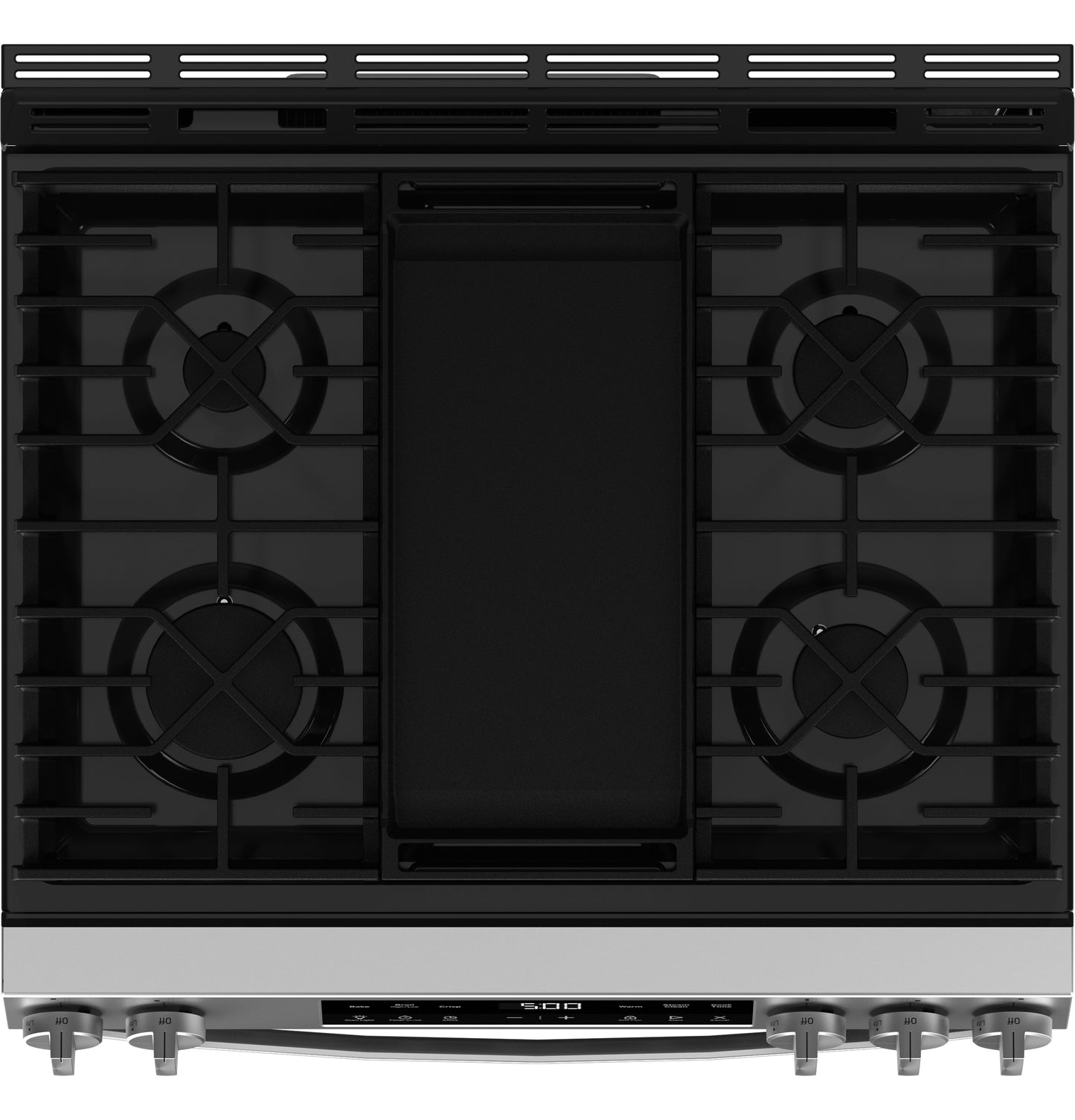 Black and stainless steel slide-in gas cooktop with five burners and front controls in Ranges and Appliances collections