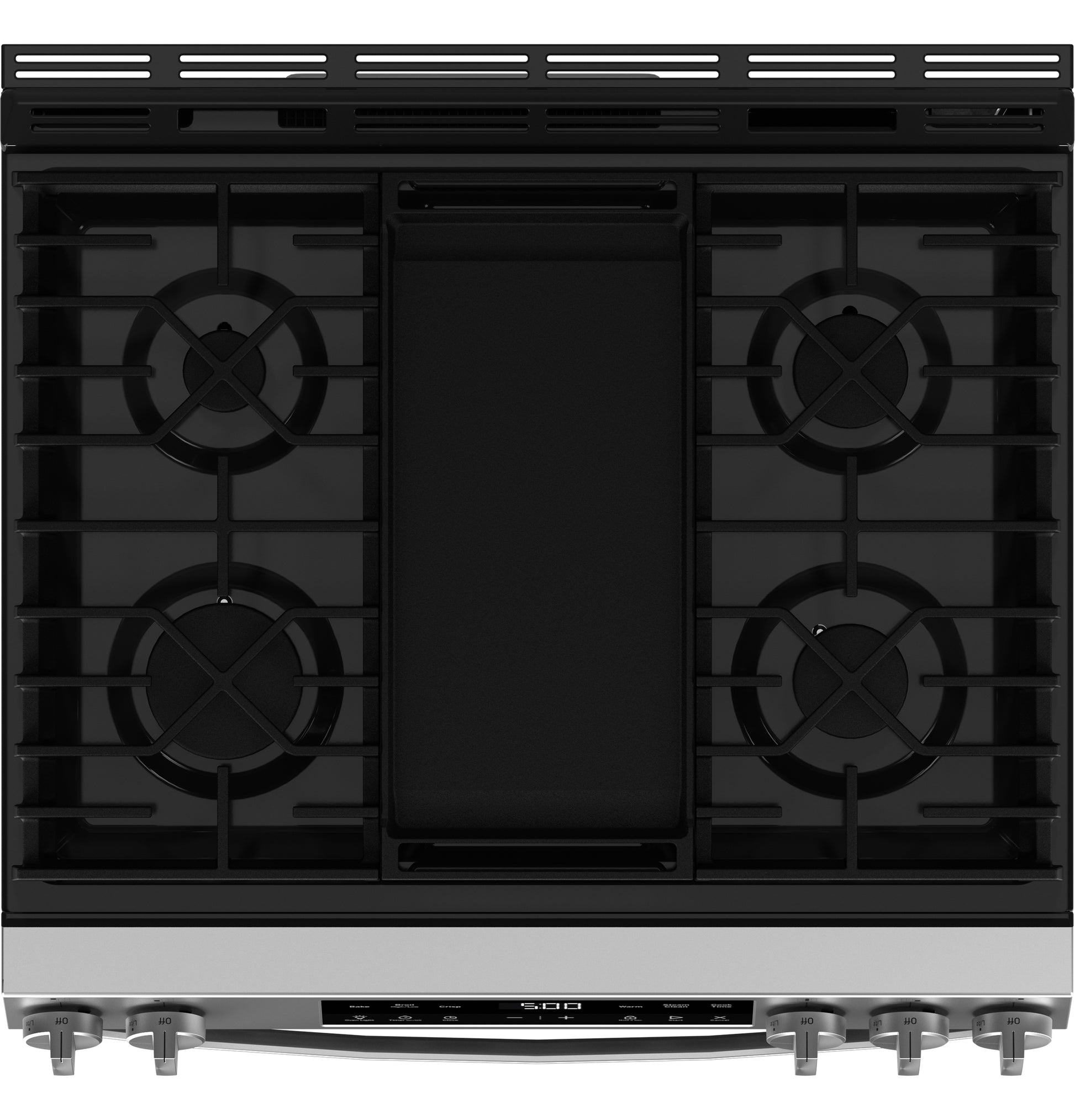 Black and stainless steel slide-in gas cooktop with five burners and front controls in Ranges and Appliances collections