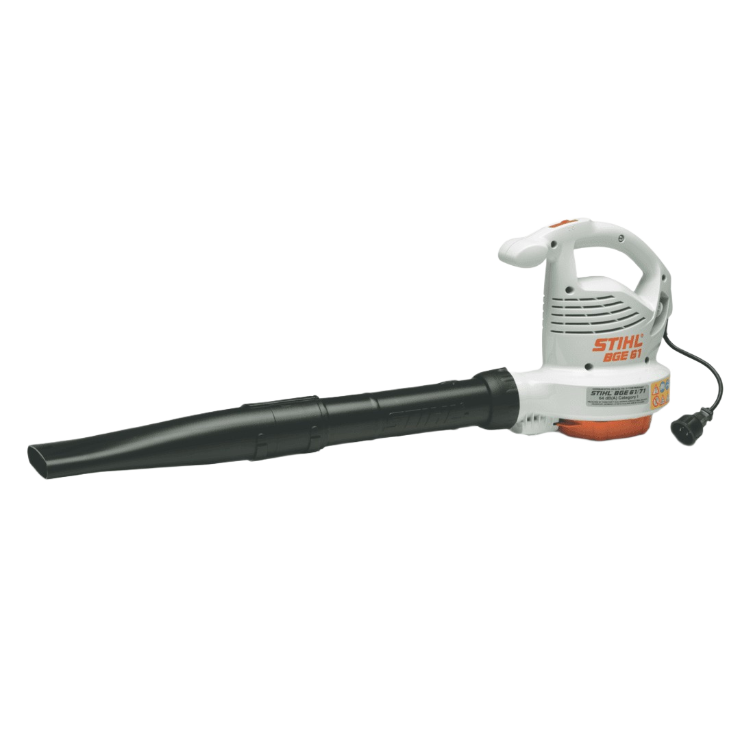 White and orange handheld electric leaf blower with black nozzle and power cord for outdoor tools and home improvement tasks