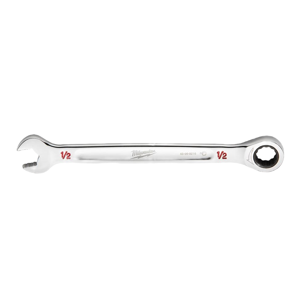 Polished 1/2 inch SAE ratcheting combination wrench with open and box ends for precise home improvement tasks