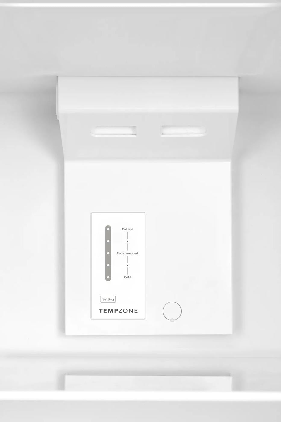 White temperature control panel with labeled settings for adjusting coldness inside a refrigerator, designed for Refrigerators, Appliances, and Kitchen & Kitchenware collections.