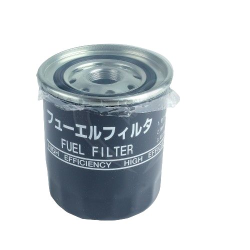 Black cylindrical fuel filter with metal threaded top and high efficiency labeling for tools and home improvement use