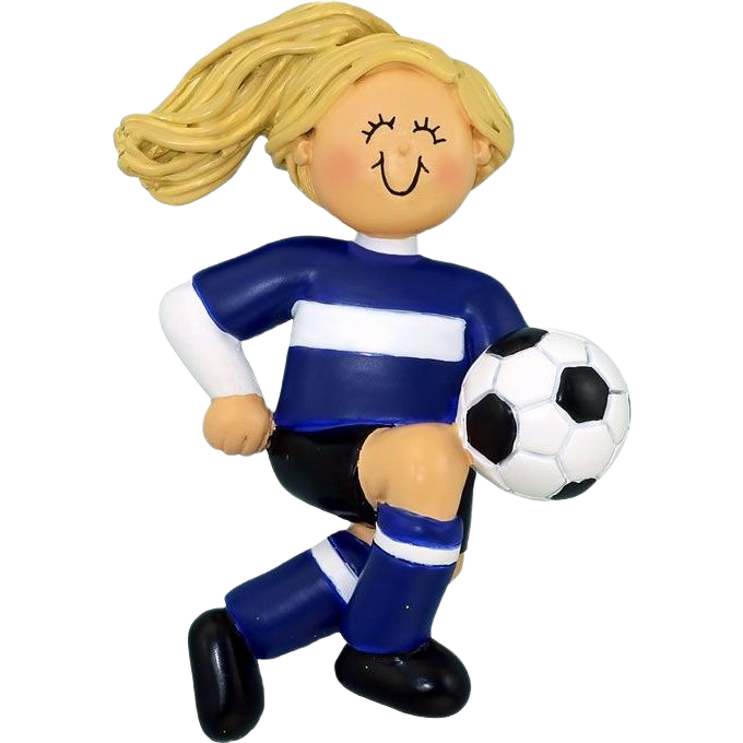 Cheerful blonde female soccer player in blue uniform kicking a black and white ball, festive tree ornament under 50 dollars