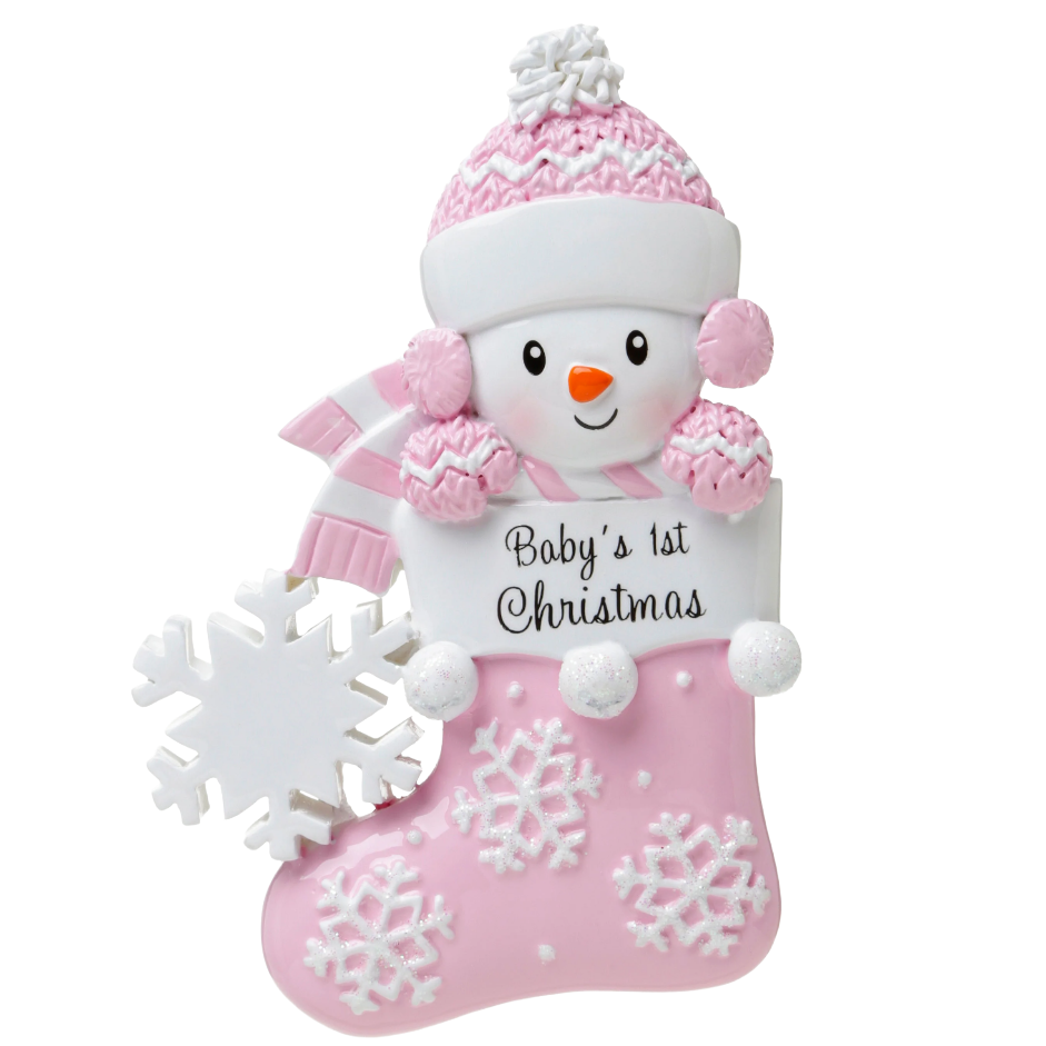 Pink stocking ornament with smiling baby snowman wearing knit hat and scarf holding "Baby’s 1st Christmas" sign