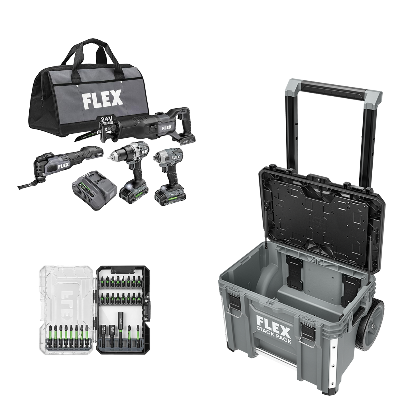 FLEX 24V 4-Tool Combo Kit + 29-Pc. Bit Set and Stack Pack™ Rolling Tool Box