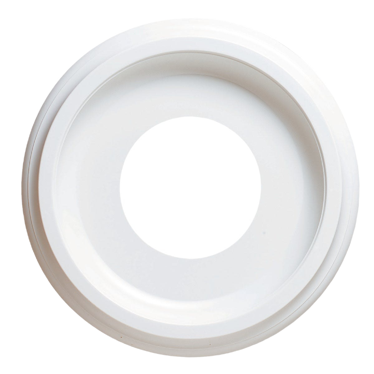 White smooth molded plastic ceiling medallion for lighting and ceiling fan installation in home improvement projects