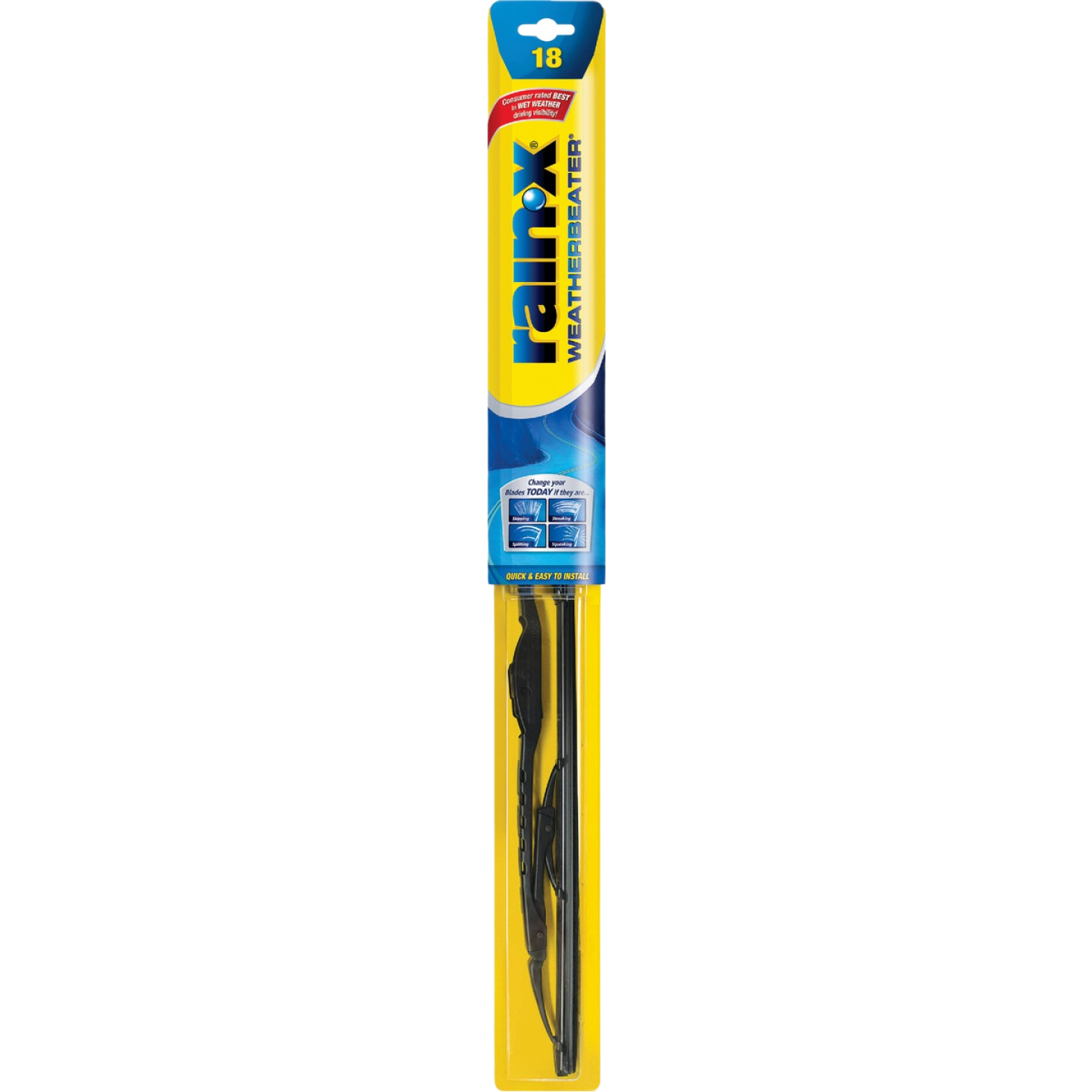 18-inch Rain-X Weatherbeater wiper blade in yellow and blue packaging for tools and home improvement tasks