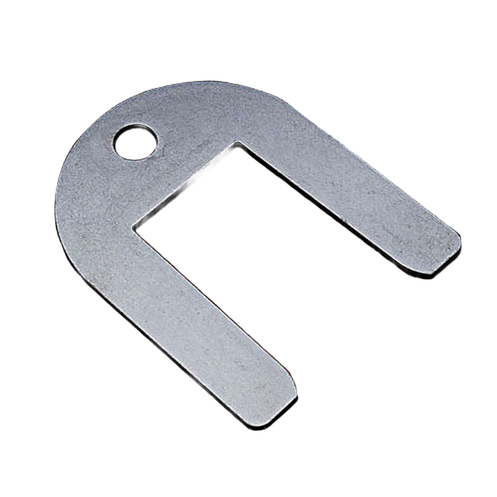 Metal template gauge with a cutout slot and mounting hole for precise tool alignment in home improvement tasks