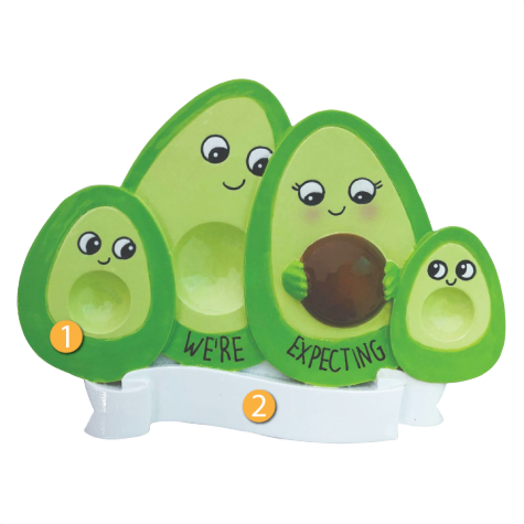 Personalized avocado family ornament with two children and "We're Expecting" banner in Christmas Ornaments & Tree Decorations under $50 collection