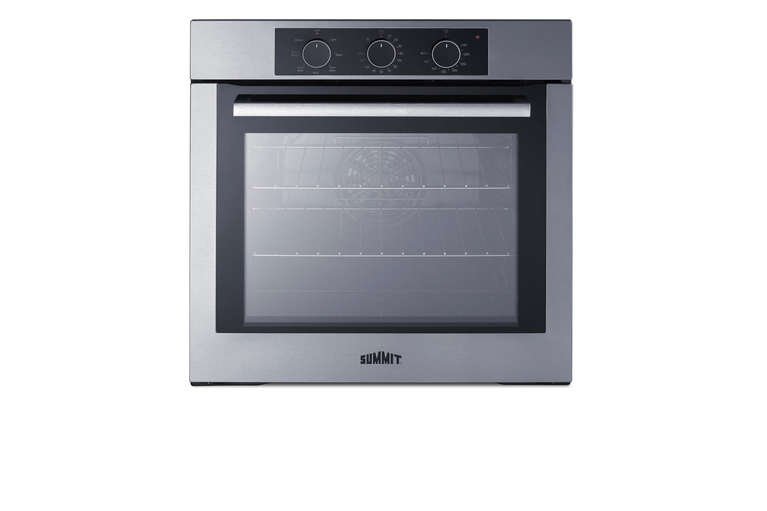 Stainless steel 24-inch electric wall oven with three control knobs and glass door from wall ovens collection