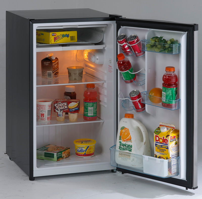 Black counterhigh refrigerator with stainless steel door open showing stocked interior from Refrigerators and Appliances collections