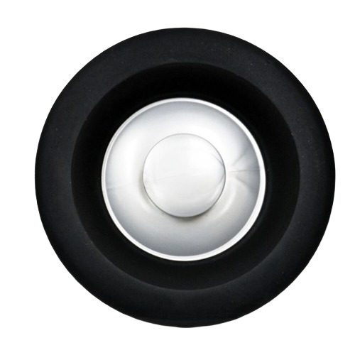 Black rubber garbage disposal stopper with silver center for plumbing and appliance parts collections