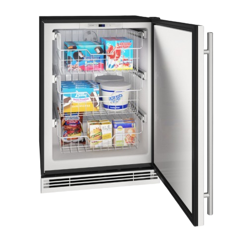Open 24-inch convertible freezer with reversible hinge, wire baskets, and digital control in kitchen appliances collection
