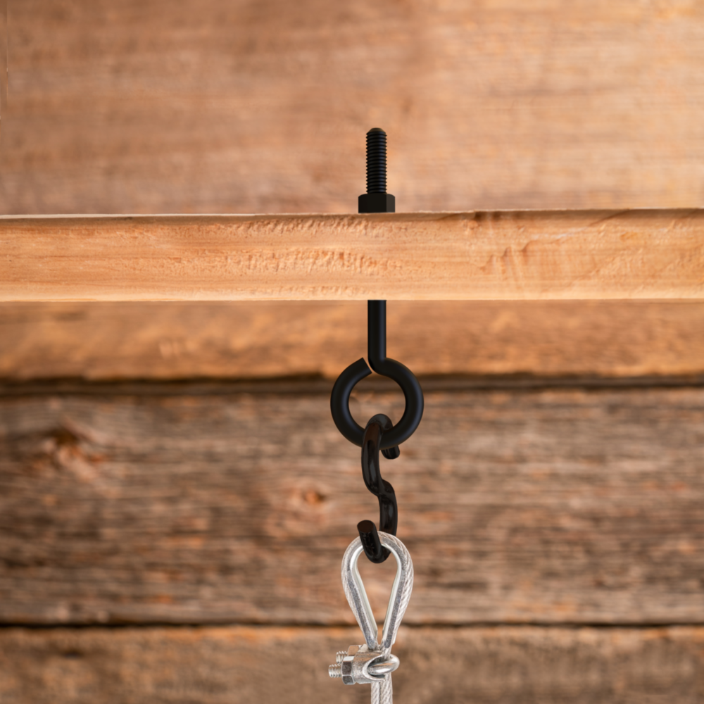 Black storm shine eye bolt with nut securing clip and cable on wood beam in hardware and fasteners collection under $50