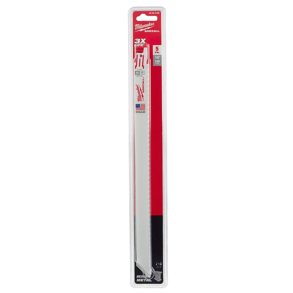 Set of five 12-inch 18-TPI metal cutting blades designed for durable performance in tools and home improvement tasks