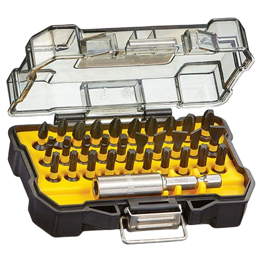 Compact screwdriver bit set with 31 metal bits and holder in a black and yellow case for tool accessories collections