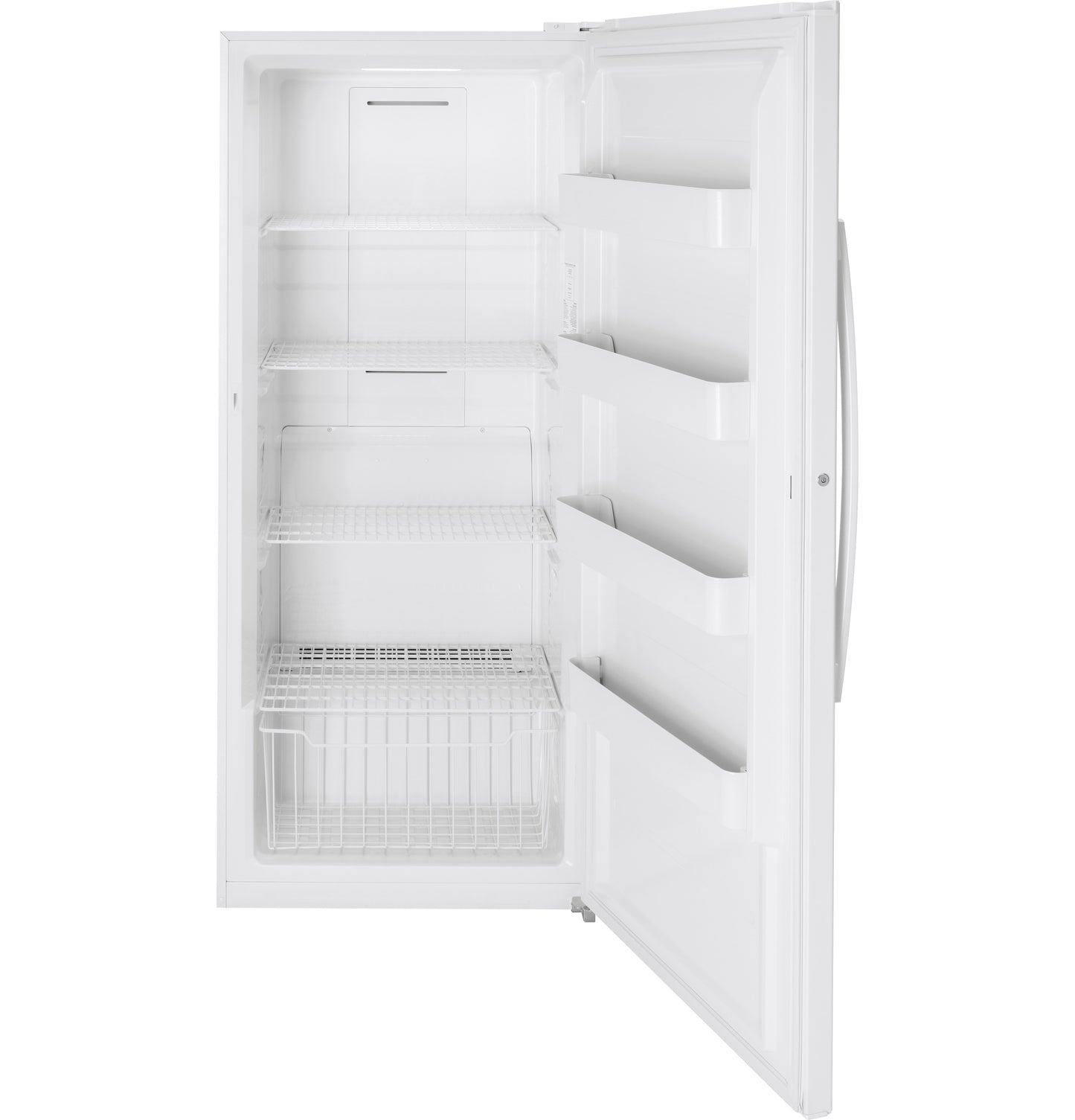 White upright freezer with multiple wire shelves and door bins, ideal for garage and kitchen appliance collections