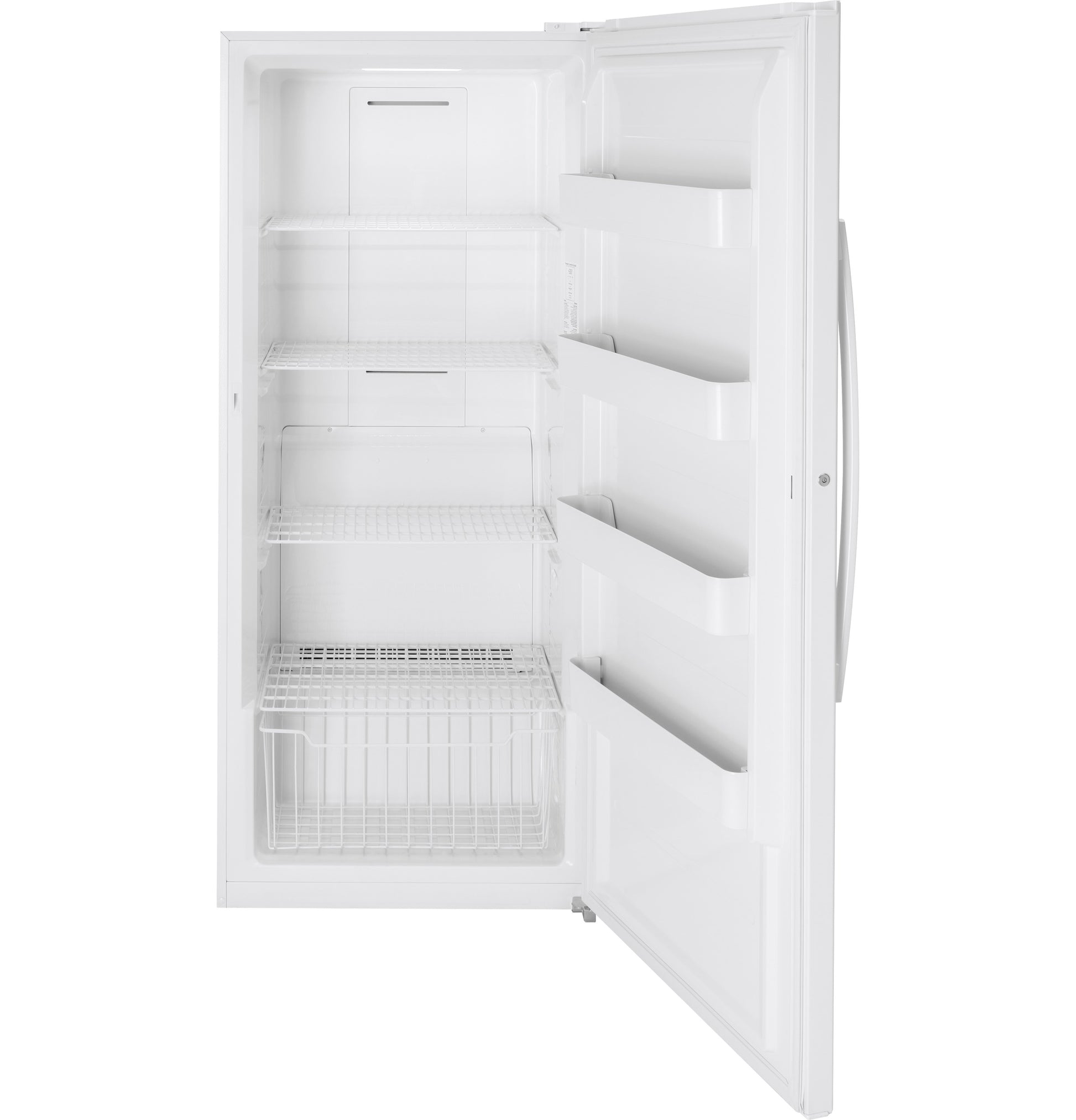 White upright freezer with multiple wire shelves and door bins, ideal for garage and kitchen appliance collections