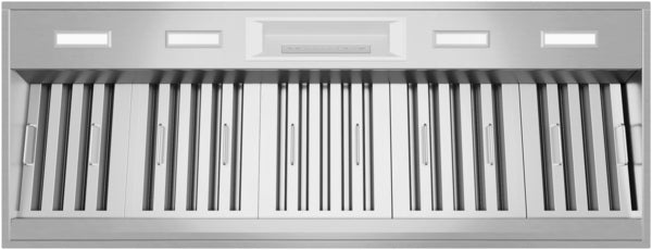 Stainless steel custom insert range hood with sleek vents and integrated lighting in Kitchen & Kitchenware collection